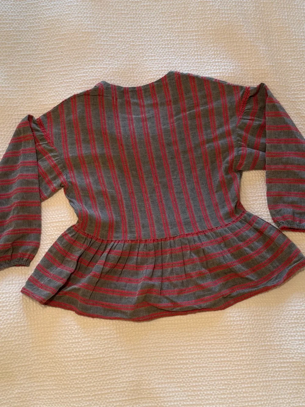 Madewell | Gray & Red Striped Peplum Top | V-Neck Puff Sleeve | Size = XS